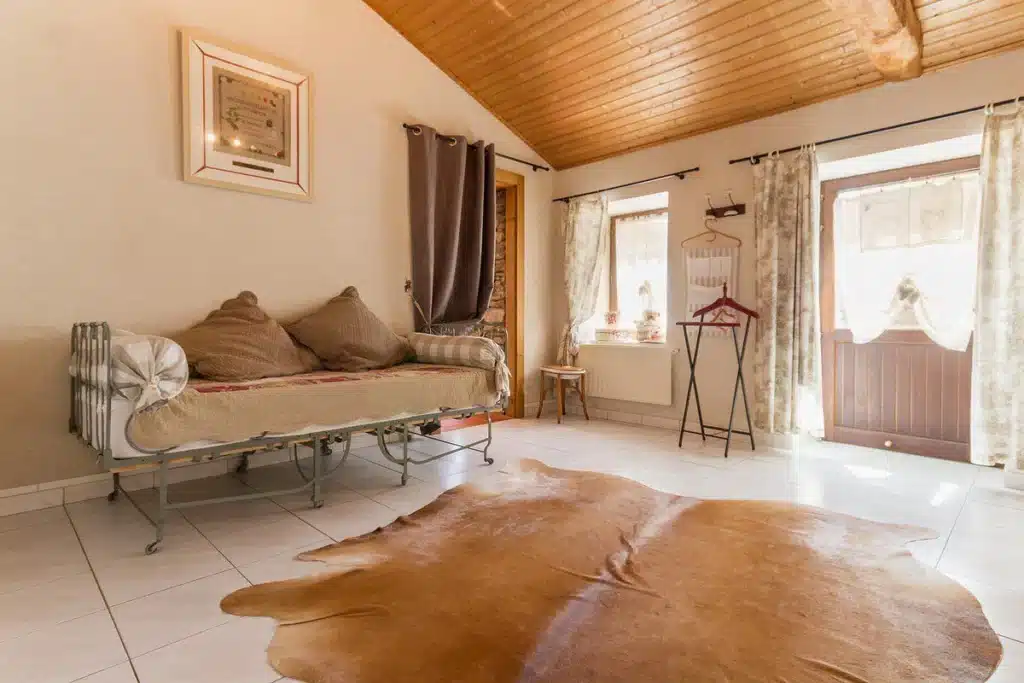 salon avec tapis en peau de bête, canapé et coussins aux tons neutres
